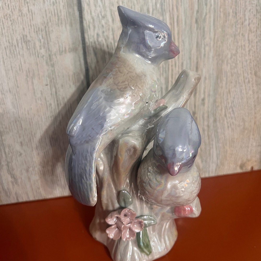 Vintage Lusterware Blue‎ Jay Pair Ceramic Figurine Pearlescent Bird Statue 7.5"